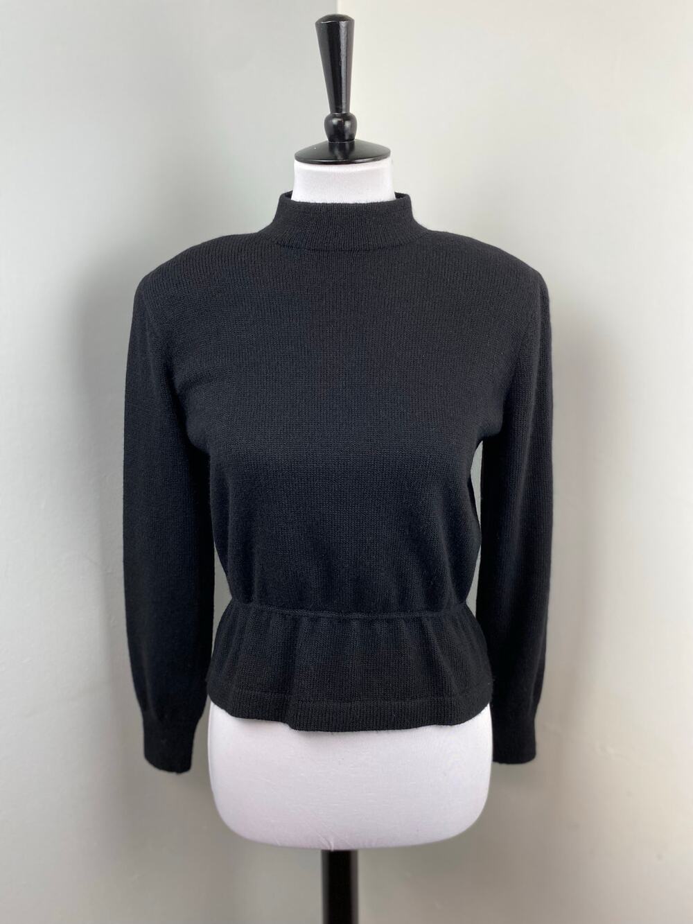 St. John 80s Black High Neck Gathered Waist  Peplum Santana Knit Sweater Size 6